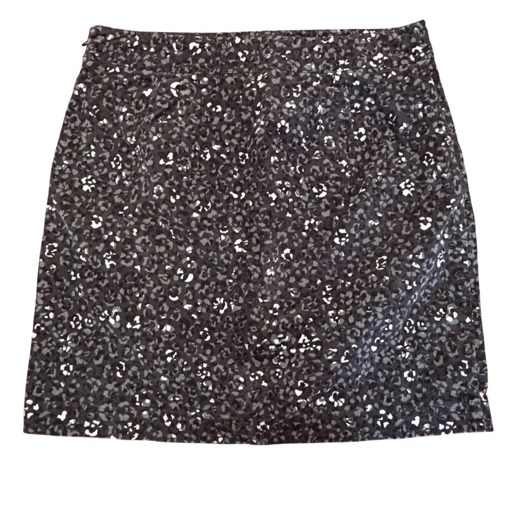 Talbots Grey Black Leopard Print Corduroy Mini Skirt Size 16 Stretch Cotton